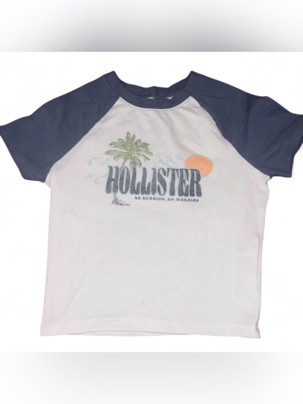 Hollister White Tee with Navy Raglan Sleeves and Sunset Graphic